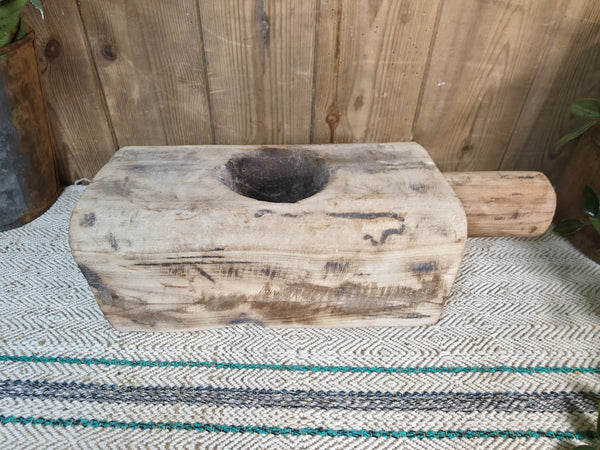 Large Old Vintage Rustic Wabi Sabi Hand Carved Wooden Mortar Bowl Dish