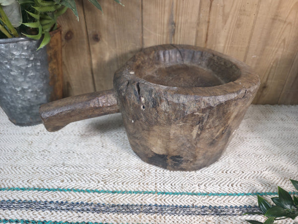 Large Old Vintage Rustic Wabi Sabi Hand Carved Wooden Mortar Bowl Dish
