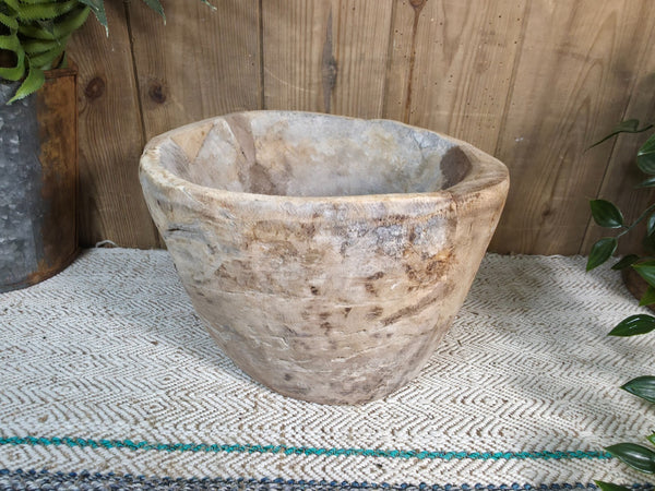 Large Old Vintage Rustic Wabi Sabi Hand Carved Wooden Mortar Bowl Dish