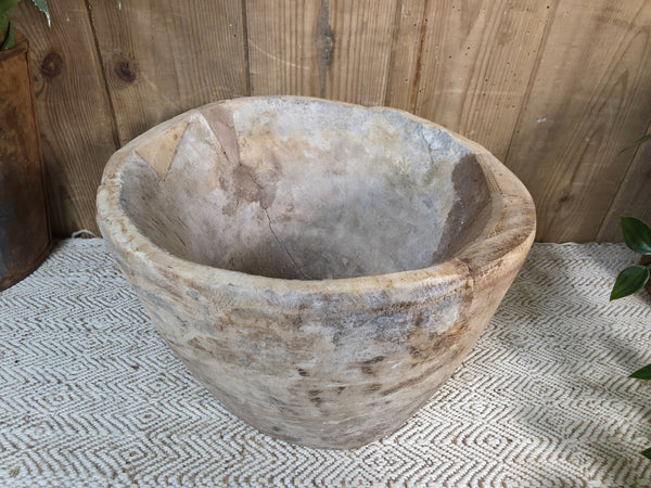 Large Old Vintage Rustic Wabi Sabi Hand Carved Wooden Mortar Bowl Dish