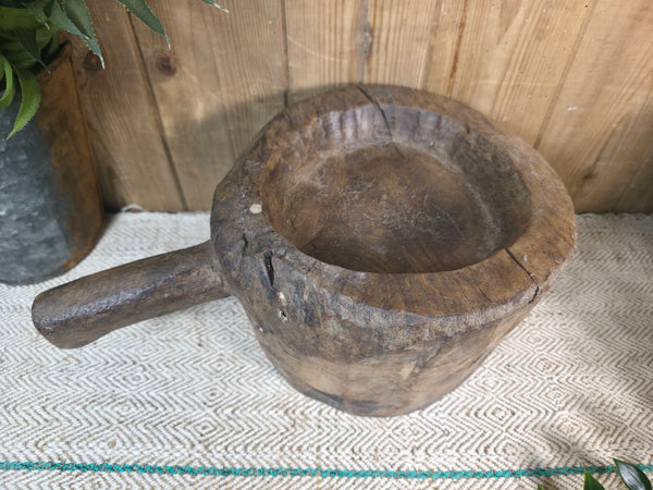 Large Old Vintage Rustic Wabi Sabi Hand Carved Wooden Mortar Bowl Dish
