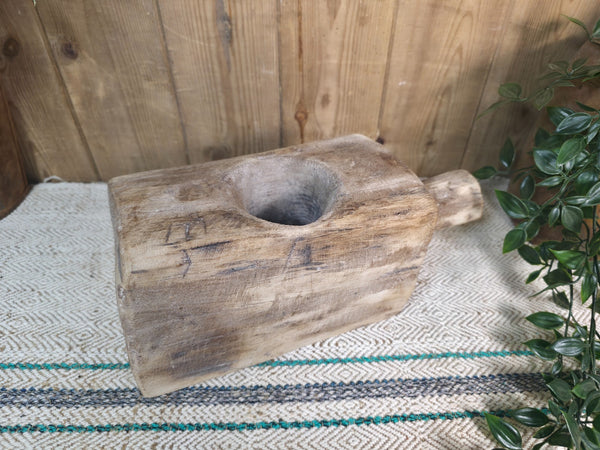 Large Old Vintage Rustic Wabi Sabi Hand Carved Wooden Mortar Bowl Dish