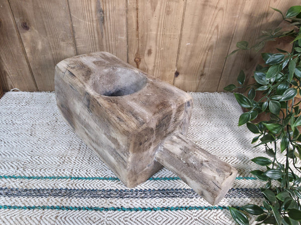 Large Old Vintage Rustic Wabi Sabi Hand Carved Wooden Mortar Bowl Dish