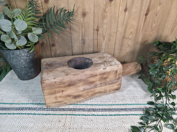 Large Old Vintage Rustic Wabi Sabi Hand Carved Wooden Mortar Bowl Dish