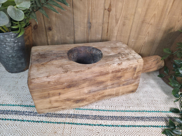 Large Old Vintage Rustic Wabi Sabi Hand Carved Wooden Mortar Bowl Dish