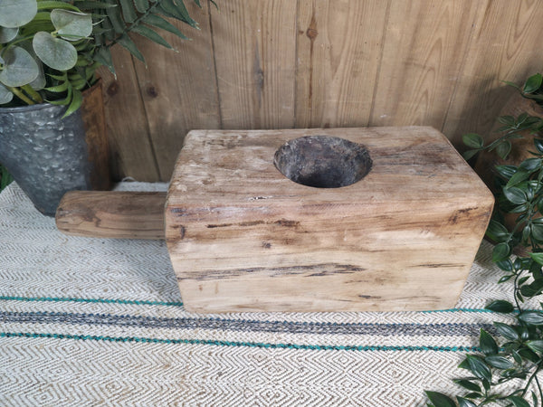 Large Old Vintage Rustic Wabi Sabi Hand Carved Wooden Mortar Bowl Dish