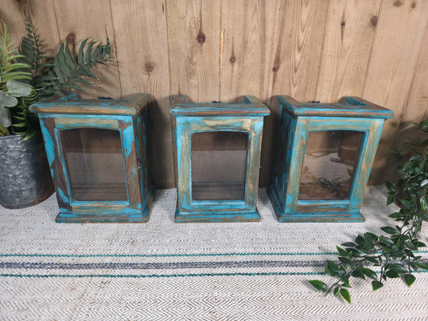 Vintage Reclaimed Rustic Small Indian Glazed Display Cabinet Clock Case Box