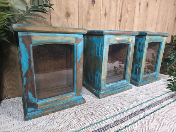 Vintage Reclaimed Rustic Small Indian Glazed Display Cabinet Clock Case Box