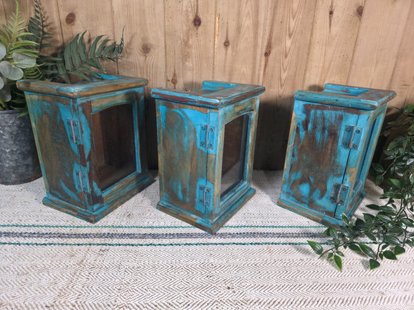 Vintage Reclaimed Rustic Small Indian Glazed Display Cabinet Clock Case Box