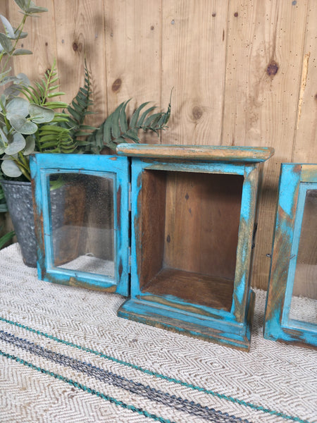 Vintage Reclaimed Rustic Small Indian Glazed Display Cabinet Clock Case Box
