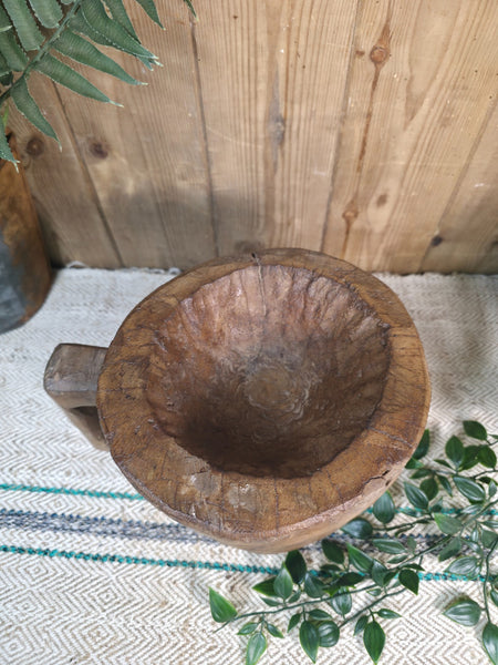 Large Old Vintage Rustic Wabi Sabi Hand Carved Wooden Mortar Bowl Dish
