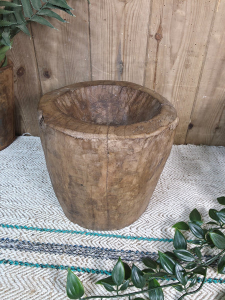 Large Old Vintage Rustic Wabi Sabi Hand Carved Wooden Mortar Bowl Dish