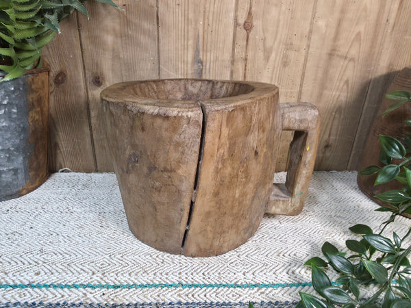 Large Old Vintage Rustic Wabi Sabi Hand Carved Wooden Mortar Bowl Dish