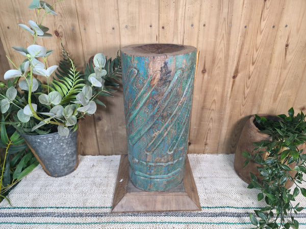 Large Vintage Reclaimed Carved Indian Solid Wooden Pillar Column Candle Holder