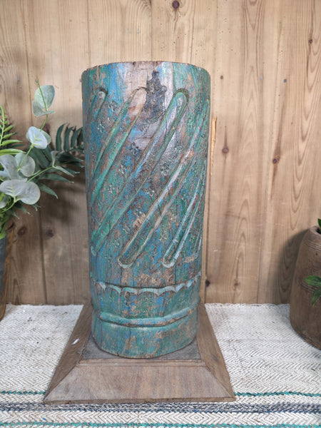 Large Vintage Reclaimed Carved Indian Solid Wooden Pillar Column Candle Holder