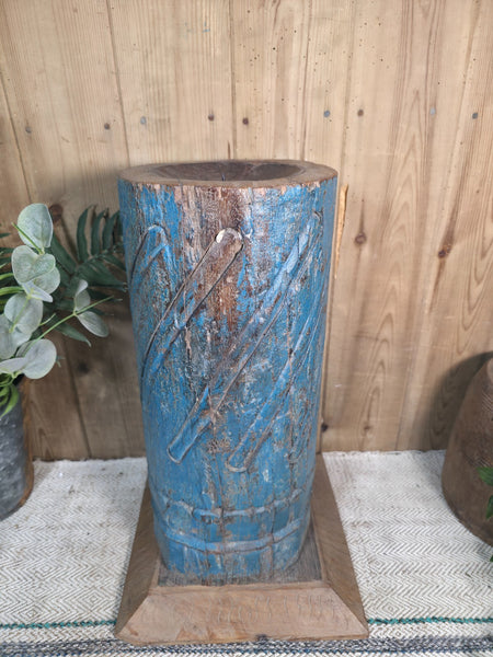 Large Vintage Reclaimed Carved Indian Solid Wooden Pillar Column Candle Holder