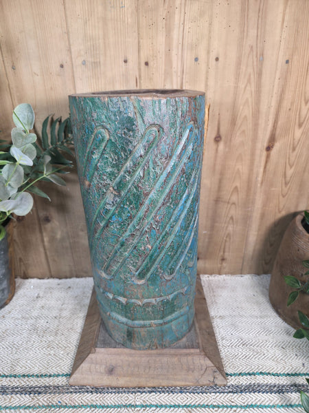 Large Vintage Reclaimed Carved Indian Solid Wooden Pillar Column Candle Holder