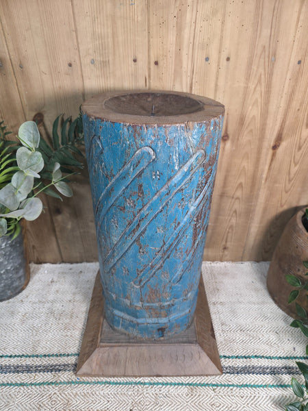 Large Vintage Reclaimed Carved Indian Solid Wooden Pillar Column Candle Holder