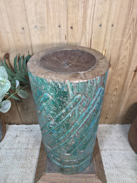 Large Vintage Reclaimed Carved Indian Solid Wooden Pillar Column Candle Holder