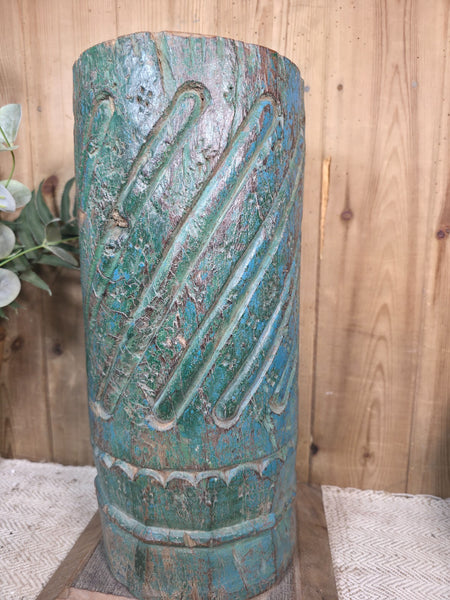 Large Vintage Reclaimed Carved Indian Solid Wooden Pillar Column Candle Holder