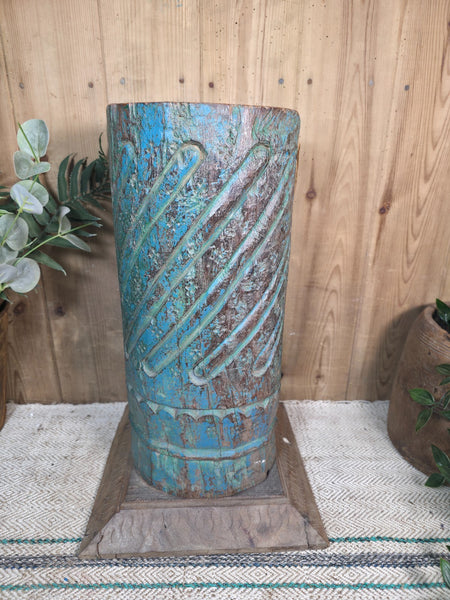 Large Vintage Reclaimed Carved Indian Solid Wooden Pillar Column Candle Holder