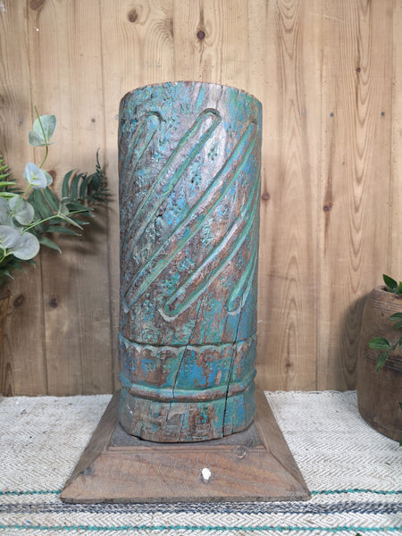 Large Vintage Reclaimed Carved Indian Solid Wooden Pillar Column Candle Holder