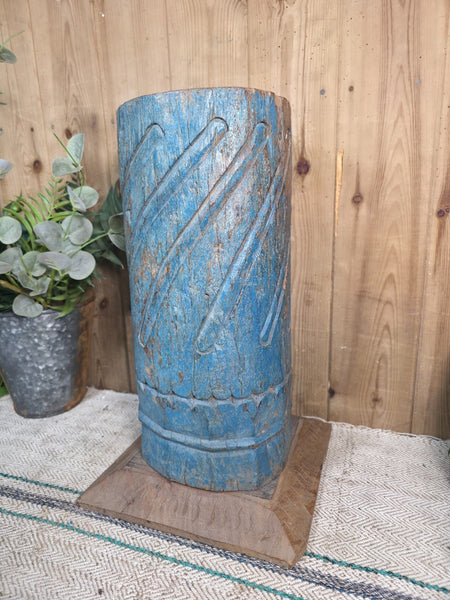 Large Vintage Reclaimed Carved Indian Solid Wooden Pillar Column Candle Holder