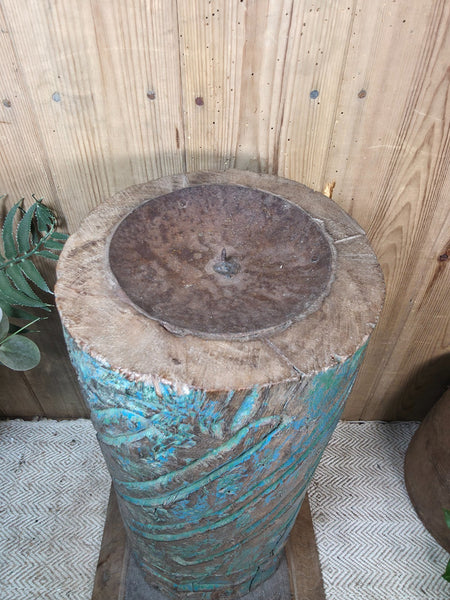 Large Vintage Reclaimed Carved Indian Solid Wooden Pillar Column Candle Holder