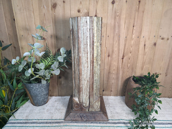 Large Vintage Reclaimed Carved Indian Solid Wooden Pillar Column Candle Holder