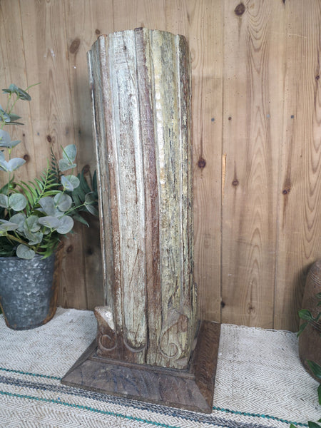 Large Vintage Reclaimed Carved Indian Solid Wooden Pillar Column Candle Holder