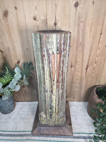 Large Vintage Reclaimed Carved Indian Solid Wooden Pillar Column Candle Holder
