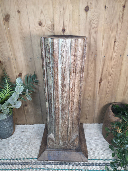 Large Vintage Reclaimed Carved Indian Solid Wooden Pillar Column Candle Holder