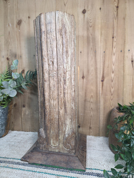Large Vintage Reclaimed Carved Indian Solid Wooden Pillar Column Candle Holder