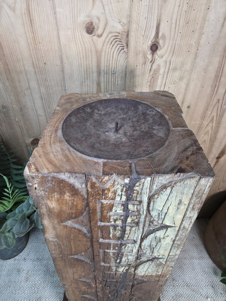 Large Vintage Reclaimed Carved Indian Solid Wooden Pillar Column Candle Holder