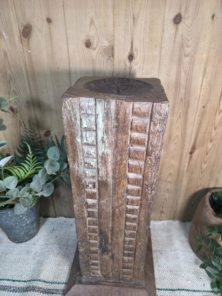 Large Vintage Reclaimed Carved Indian Solid Wooden Pillar Column Candle Holder
