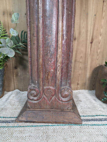 Large Vintage Reclaimed Carved Indian Solid Wooden Pillar Column Candle Holder
