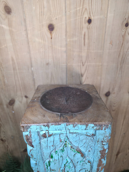 Large Vintage Reclaimed Carved Indian Solid Wooden Pillar Column Candle Holder