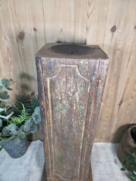 Large Vintage Reclaimed Carved Indian Solid Wooden Pillar Column Candle Holder