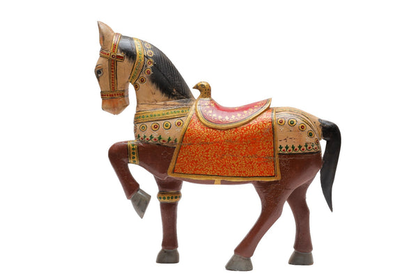 Vintage Indian Hand Painted Solid Wooden Horse Statue Ornament