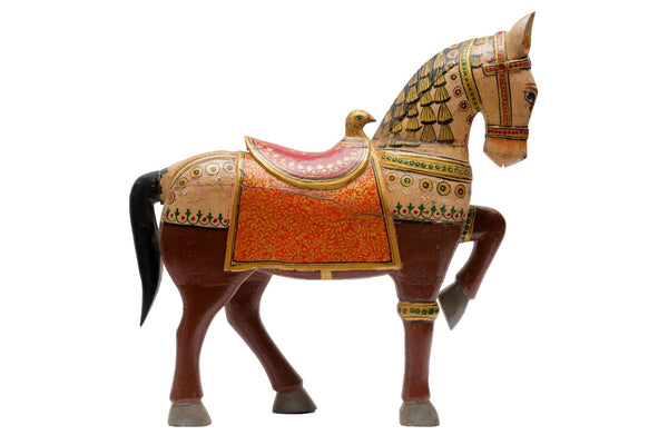 Vintage Indian Hand Painted Solid Wooden Horse Statue Ornament
