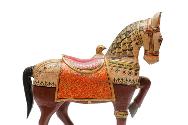 Vintage Indian Hand Painted Solid Wooden Horse Statue Ornament