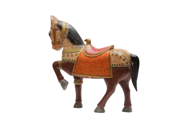Vintage Indian Hand Painted Solid Wooden Horse Statue Ornament