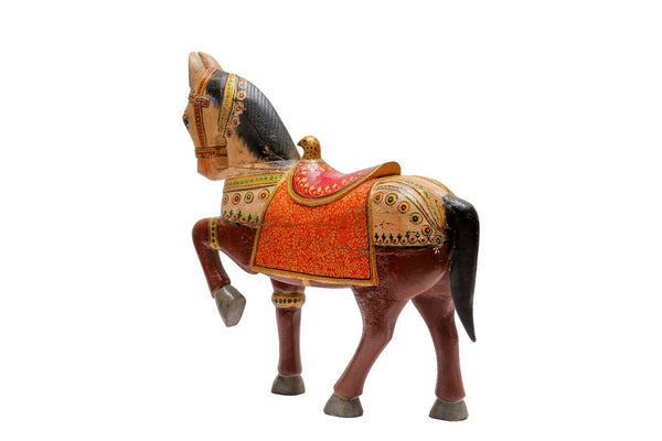 Vintage Indian Hand Painted Solid Wooden Horse Statue Ornament