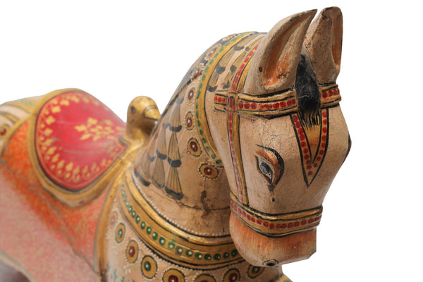 Vintage Indian Hand Painted Solid Wooden Horse Statue Ornament