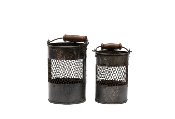 Set 2 Vintage Rustic Metal Mesh Basket Pot Utensil Pen Candle Holder Lantern