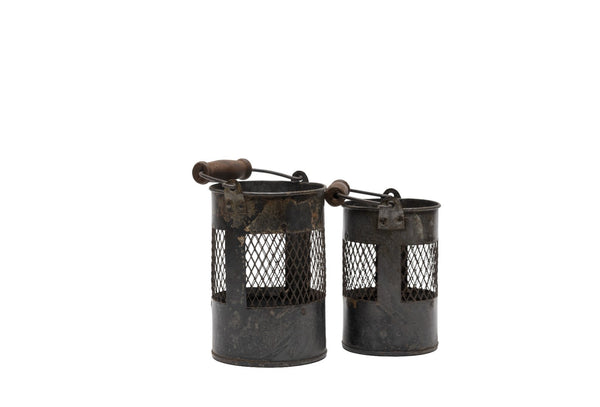 Set 2 Vintage Rustic Metal Mesh Basket Pot Utensil Pen Candle Holder Lantern