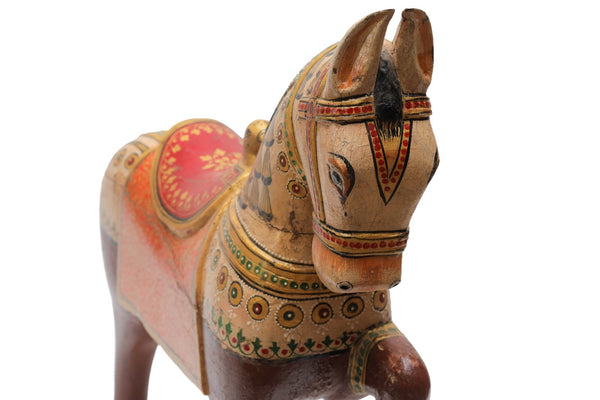 Vintage Indian Hand Painted Solid Wooden Horse Statue Ornament