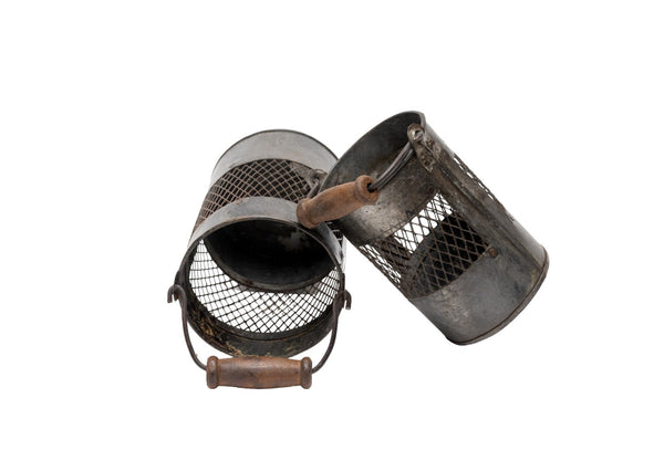 Set 2 Vintage Rustic Metal Mesh Basket Pot Utensil Pen Candle Holder Lantern