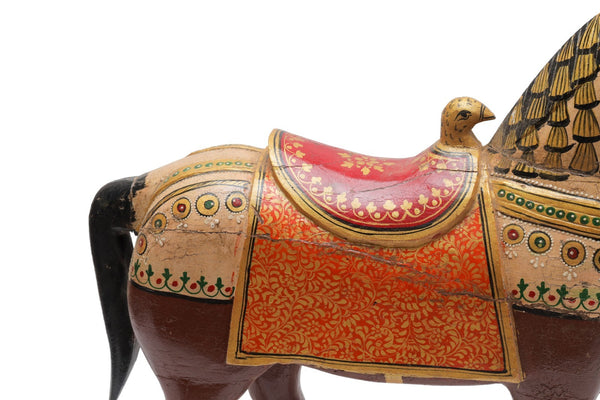 Vintage Indian Hand Painted Solid Wooden Horse Statue Ornament