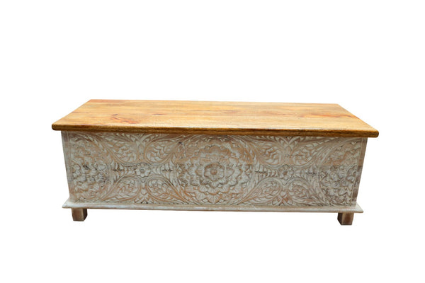 Indian Reclaimed Hand Carved Mango Wood Ottoman Chest Blanket Box